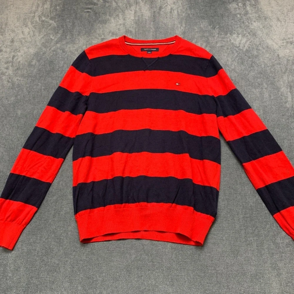 Tommy Hilfiger Sweater Mens Small Navy Blue Red Striped Cotton Tight Knit Winter